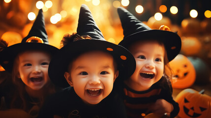 Halloween concept .Happy kid at halloween party night background. Generative ai.