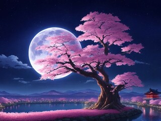 Anime beautiful ethereal night nature landscape with full moon and cherry blossom tree standing amidst lake. Japanese traditional shrine in the background. 4K desktop wallpaper.