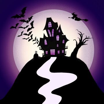Happy Halloween day with haunted castle on moonlight purple color wallpaper background