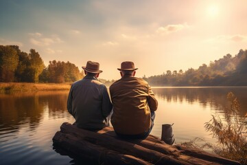 Rear view of man and his senior father enjoying freshwater fishing while relaxing on the pier.