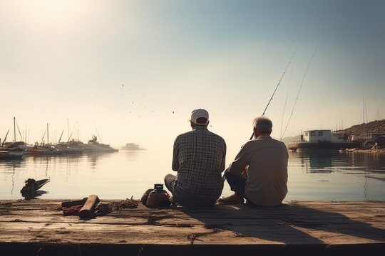 Rear view of man and his senior father enjoying freshwater fishing while relaxing on the pier.