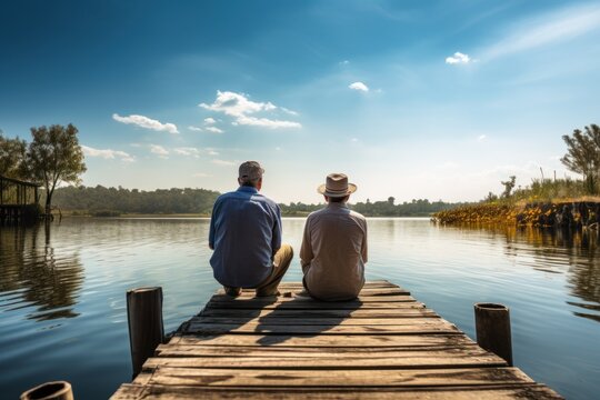 Rear view of man and his senior father enjoying freshwater fishing while relaxing on the pier.