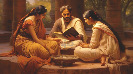 Ancient Hindu Scriptures A Photo Realistic Image of Devotees Reading from a Sacred Book AI Generated - obrazy, fototapety, plakaty