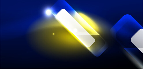 Neon speed arrow and line shapes background. Hi-tech concept with shiny backdrop. Bright flare light effect in the dark