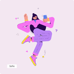 Conceptual vector business illustration of a young woman taking a selfie. The girl holds the phone on her outstretched hand and takes a photo. - 626143182