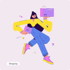 Conceptual vector business illustration of Woman holding package box up by her hands. Person working as a courier, delivery service.