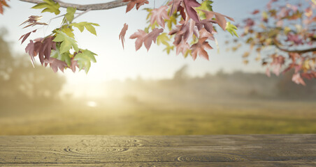 Sunrise with old table for place product, 3d illustrations rendering