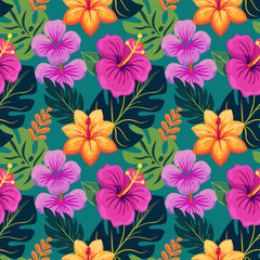 Vector seamless pattern with various tropical leaves and flowers on dark green background