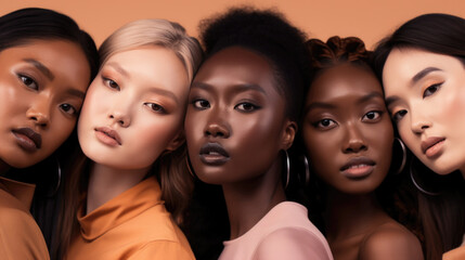 Obraz premium Inclusive Beauty: Diverse Women Embracing Beauty Glamour and Neutral Fashion Campaign Retouched Powerful Generative AI