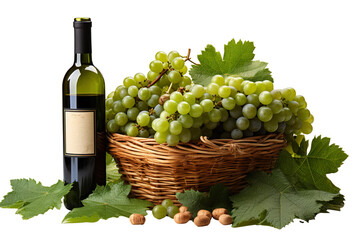 a realistic portrait of a bottle of wine and green grapes in a basket isolated on white background