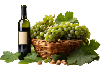 a realistic portrait of a bottle of wine and green grapes in a basket isolated on white background