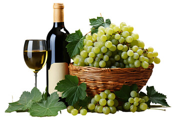 Obraz na płótnie Canvas a realistic portrait of a bottle of wine and green grapes in a basket isolated on white background