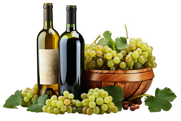 Fototapeta na wymiar a realistic portrait of a bottle of wine and green grapes in a basket isolated on white background