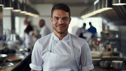 Fototapeta premium Smiling chef in a restaurant kitchen, generative ai