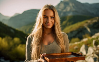 Beautiful young woman holding a wooden plate on the background of mountains. AI generated Illustration