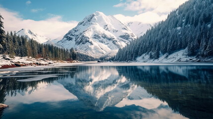 Fototapeta na wymiar Mountain lake with snow and reflection in the water. Beautiful winter landscape. AI generated Illustration