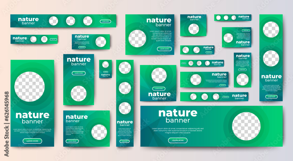 Wall mural nature banner design web template set, horizontal header web banner. modern gradient green cover hea