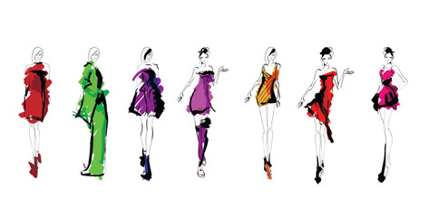 Beautiful young girl in stylish clothes. Fashion woman look. Sale concept. Hand-drawn fashion illustration. Cute girl in fashion clothes