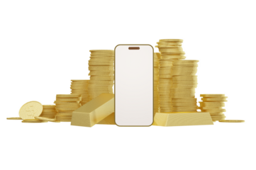 3d Illustration ,Smartphone mockup with gold bars and gold coin