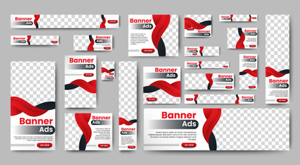Professional business web ad banner template with photo place. Modern layout white background and Vivid red shape and text design