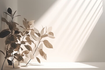 Gray background for product presentation with beautiful lights and shadows, Minimal empty white marble stone counter table top, green tree in sunlight, Generative Ai