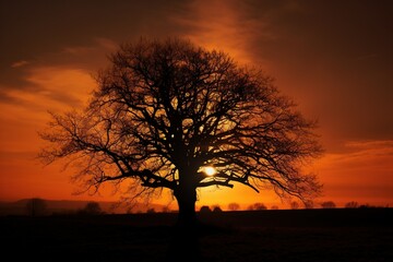 Fototapeta na wymiar Dramatic sunrise at countryside. Sun is just behind the tree, Generative ai