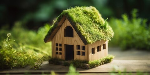Eco house Green and environmentally friendly housing concept with space for copy. Miniature wooden house in spring grass, moss and ferns on a sunny day, Generative ai