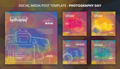 Colorful social media post template with hand drawn of camera for photography day campaign - Powered by Adobe