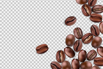 Coffee beans. Realistic 3d seeds, fresh roast, isolated arabica or robusta on transparent background. Espresso or americano ingredient, menu cover. Caffeine drinks backdrop. Vector banner template