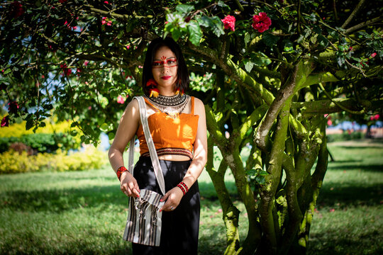 beautiful young peruvian woman of the yanesha culture posing with dresses, jewelry, makeup, clothes and accessories designed with Ash&aacute;ninka iconography in nature