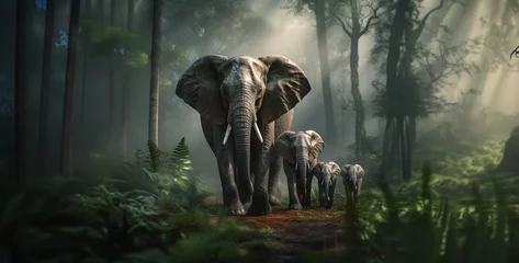 Foto op Aluminium family of elephants coming out of the woods misty hd wallpaper generated ai © Your_Demon