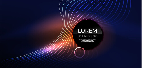 Neon laser lines, circles waves abstract background. Neon light or laser show, electric impulse, power lines, techno quantum energy impulse, magic glowing dynamic lines