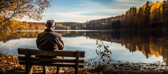 An elderly man arranging benches in a park, gazing at the picturesque lake
