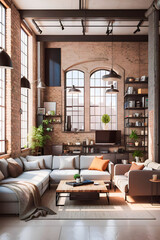 Living room interior, industrial style, 3d render. 