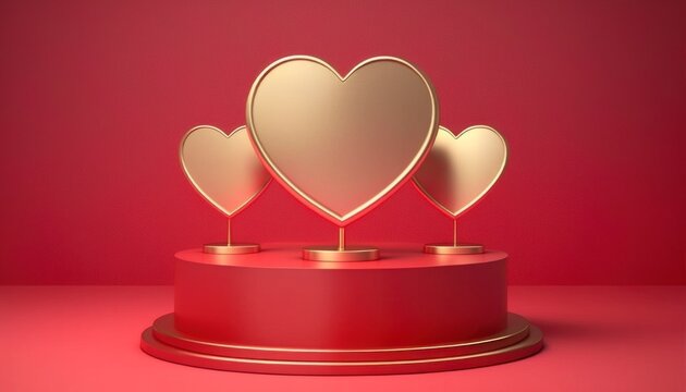 heart shaped stage podium decorated red with  lightings,  copy space for product placement , generative ai