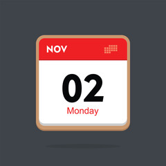 monday 02 november icon with black background, calender icon