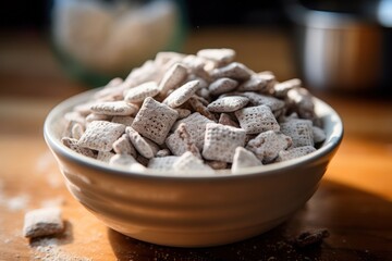 bowl of puppy chow on a wooden table, created by Generative AI
