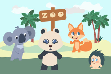 Cute animals. Zoo park. Cartoon fox and hedgehog. Funny wild little creatures. Baby koala or panda bear. Wildlife fauna. Tropical landscape. Mammal cubs. Exotic nature. Vector illustration