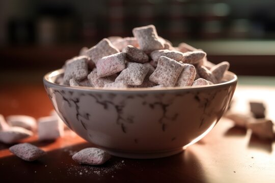 bowl of puppy chow on a wooden table, created by Generative AI
