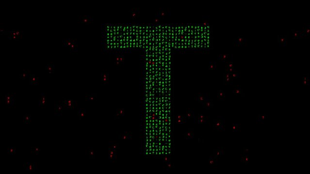 English alphabet T with matrix code on plain black background