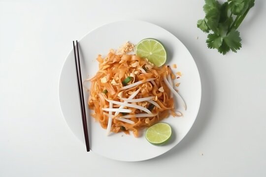Pad thai food show the picture from the top to the bottom of the plate. The background is white, Generative ai