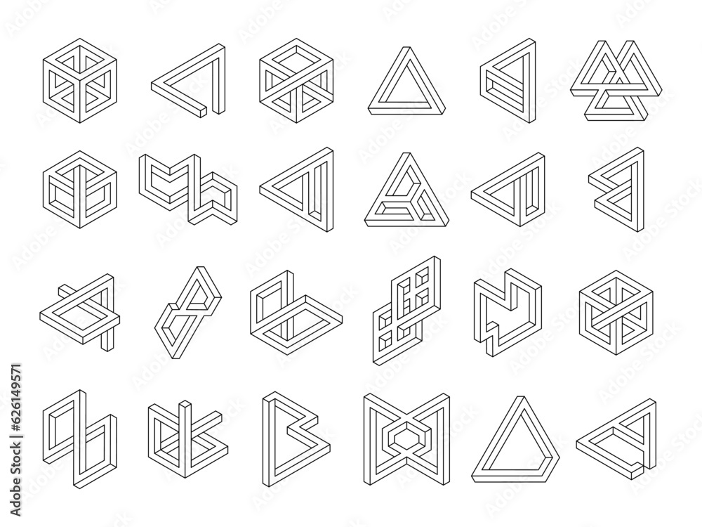 Poster geometric shapes. impossible 3d symbols. line pattern objects. hipster tattoo signs. optical illusio