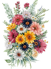 Watercolor bouquet of mix flowers on transparent background,generative ai