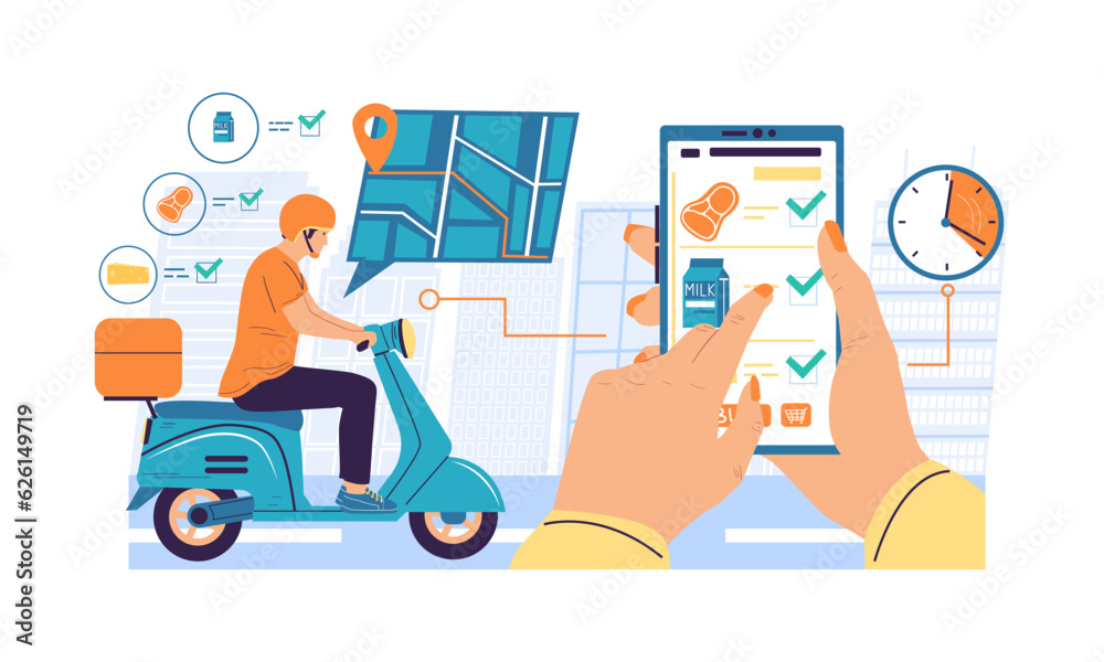 Poster online delivery app. women holding smartphone and making order in grocery shopping service. courier 