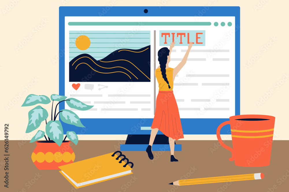 Poster copywriters work. text title editing. computer screen on table and tiny woman. freelance web job. bl