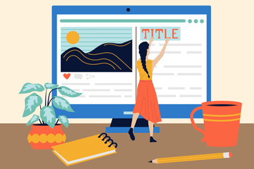 Copywriters work. Text title editing. Computer screen on table and tiny woman. Freelance web job. Bloggers content creation. Author article copywriting. Blog manage. Vector concept