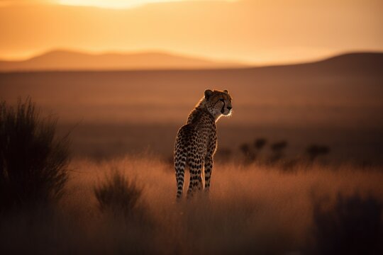 Sunset photo of cheetah standing on African savannah, Generative ai
