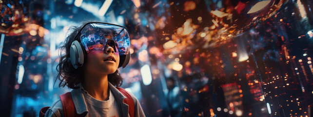 kid with vr headset in future city