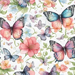 Artistic abstract background with butterflys and flowers on white background, seamless pattern design 