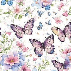 Artistic abstract background with butterflys and flowers on white background, seamless pattern design 